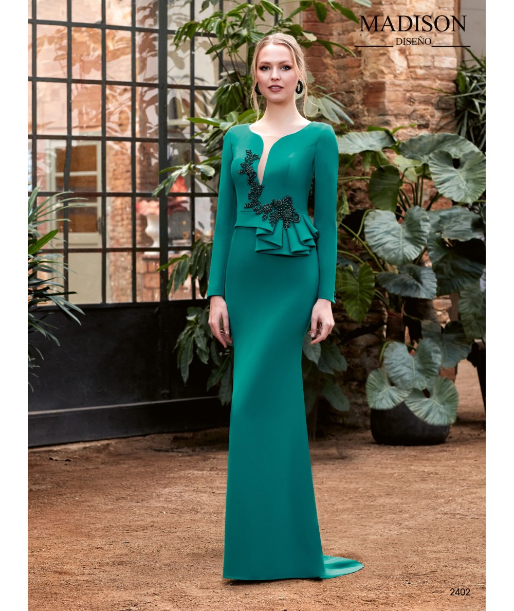 Elegant long plain dress with appliqués on the neckline and long sleeves