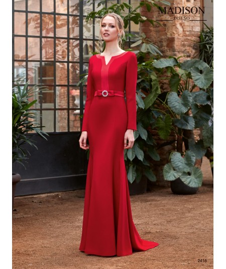 Long dress in matte crepe with shiny lapel
