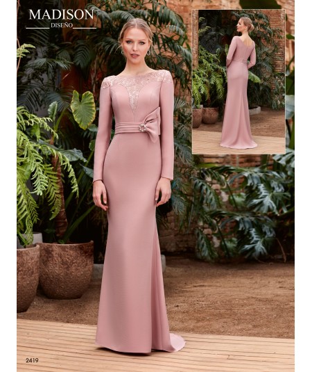 Vestido largo marina en crepe y chantilly