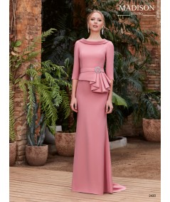Vestido largo liso en crepe con cuello doble al bies y faldones de tabla