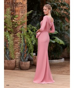 Vestido largo liso en crepe con cuello doble al bies y faldones de tabla