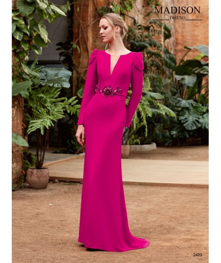 Long plain crepe dress with overlapping puffed shoulder sleeves