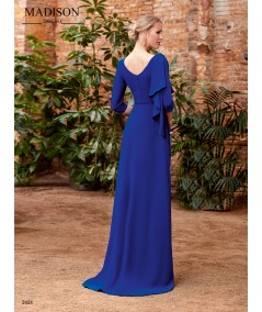 Long plain dress with elegant neckline and cape-effect shoulder scarf