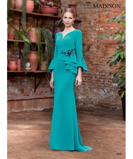 Vestido largo liso en crepe con manga de campana