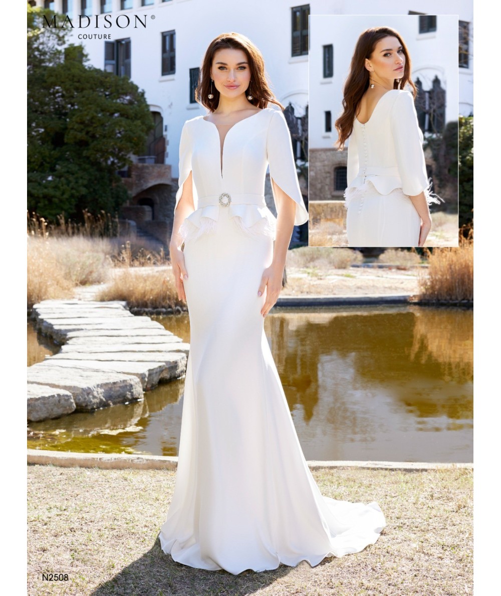 Wedding dress with ostrich feathers at the waist