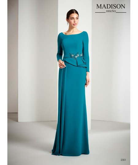 Long crepe mother of the bride dress with boat neck and long sleeves