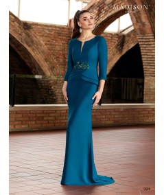 Vestido azul petróleo con detalles en cintura y corte estilizado