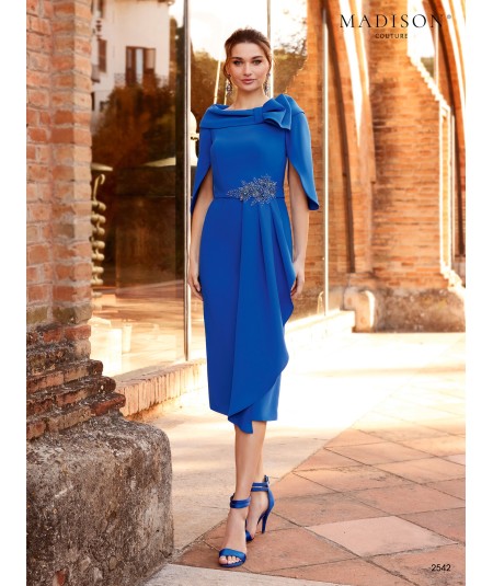 Blue Midi Dress with Asymmetric Cape and Beaded Waist |Madison Couture