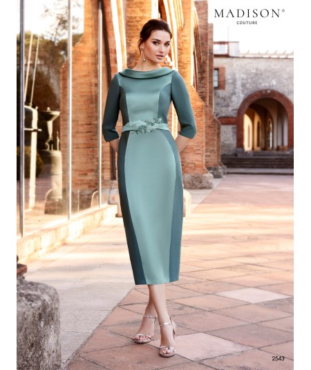 Aqua Green Dress with Boat Neckline and Waist Details | Madison