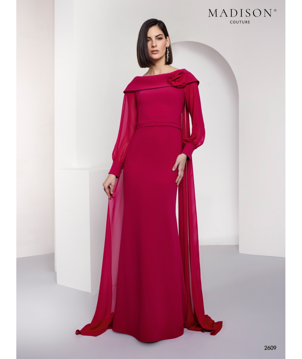 Vestido madrina burdeos capa flor 2609