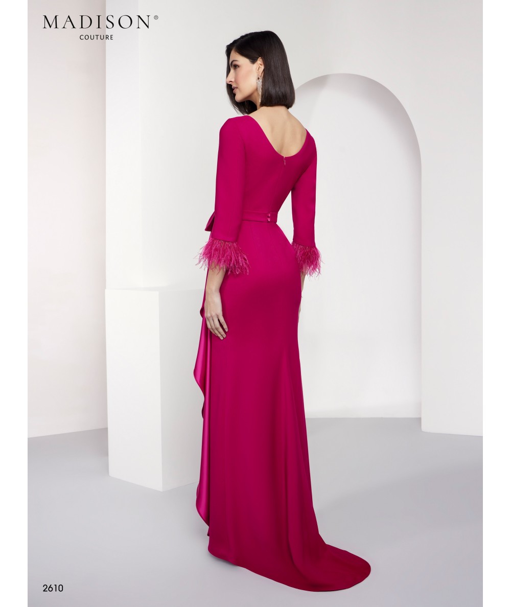 Fuchsia Feather Cuffs & Ruffle Cascade Mother of the Bride Dress 2610
