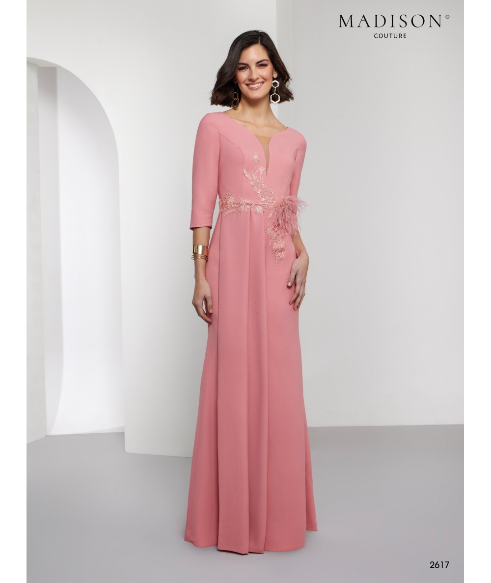 Vestido madrina rosa empolvado con plumas | Modelo 2617