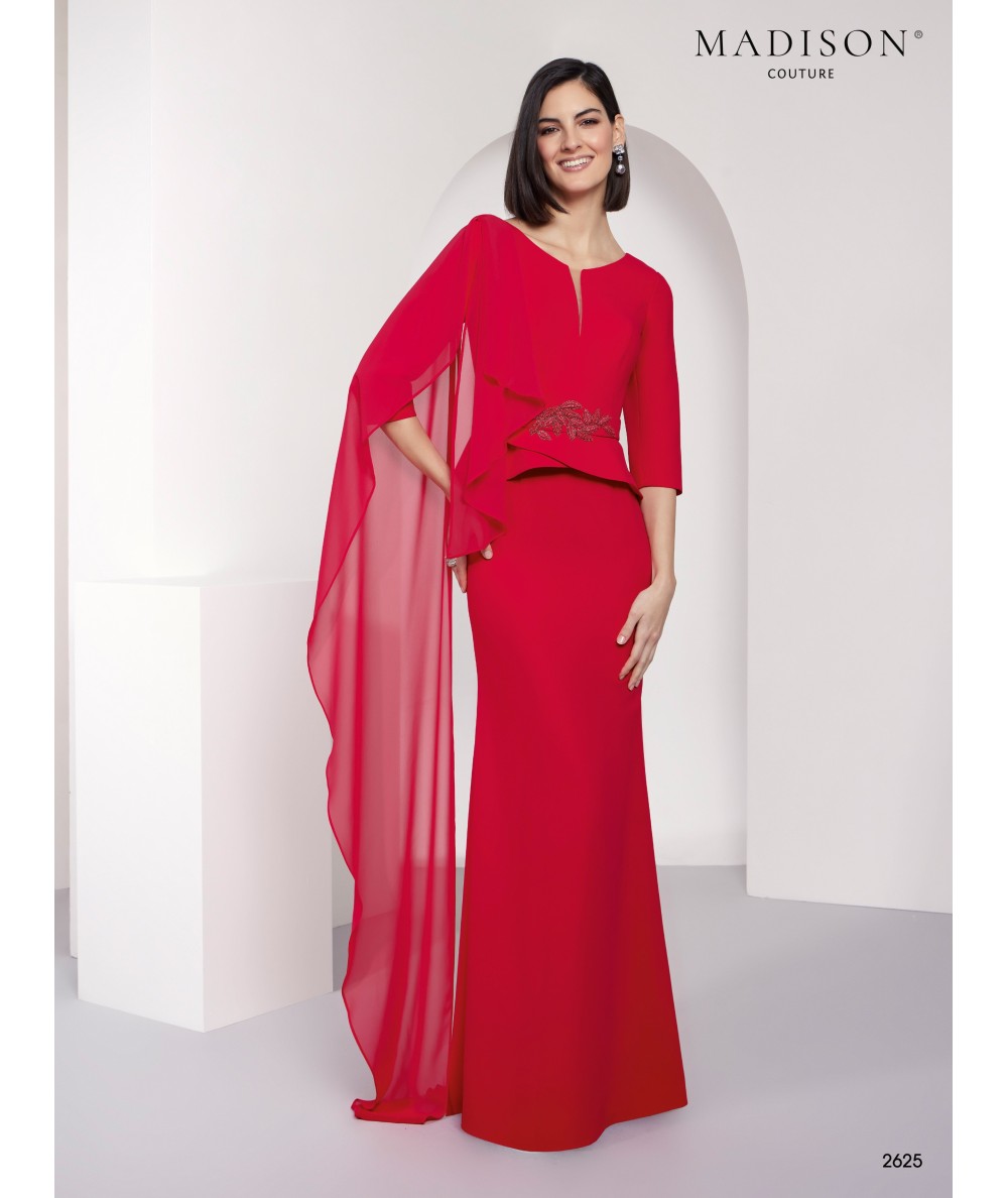 Vestido madrina rojo intenso con capa | Modelo 2625