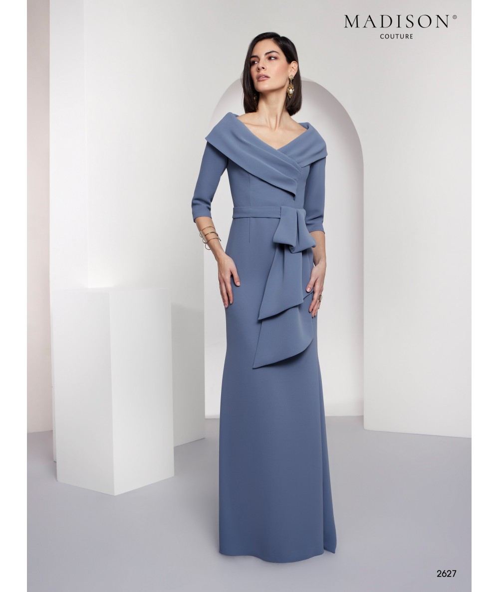 Vestido madrina azul grisáceo con lazo | Modelo 2627
