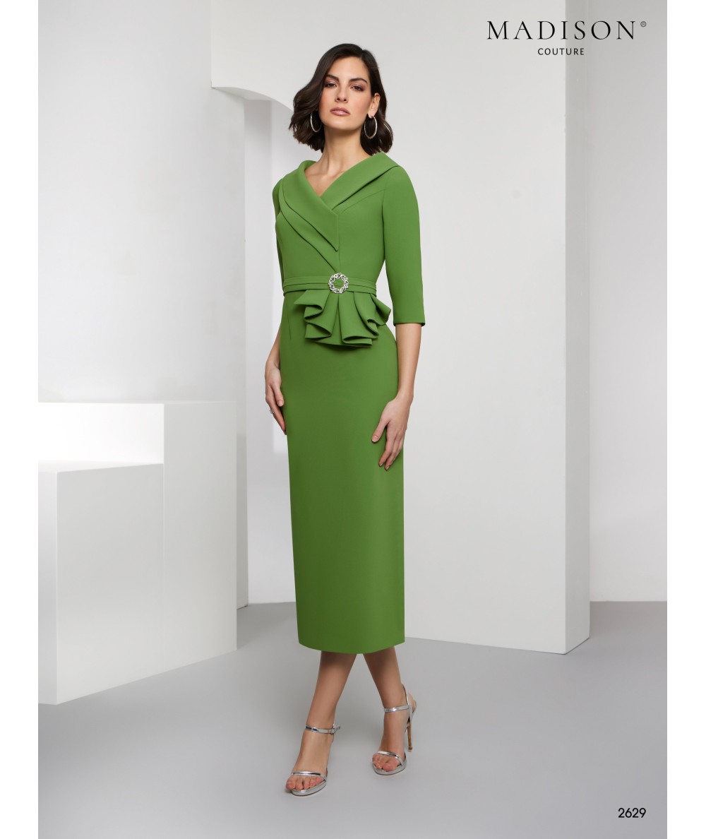 Olive Green Midi Mother of the Bride Dress with Belt | Model 2629