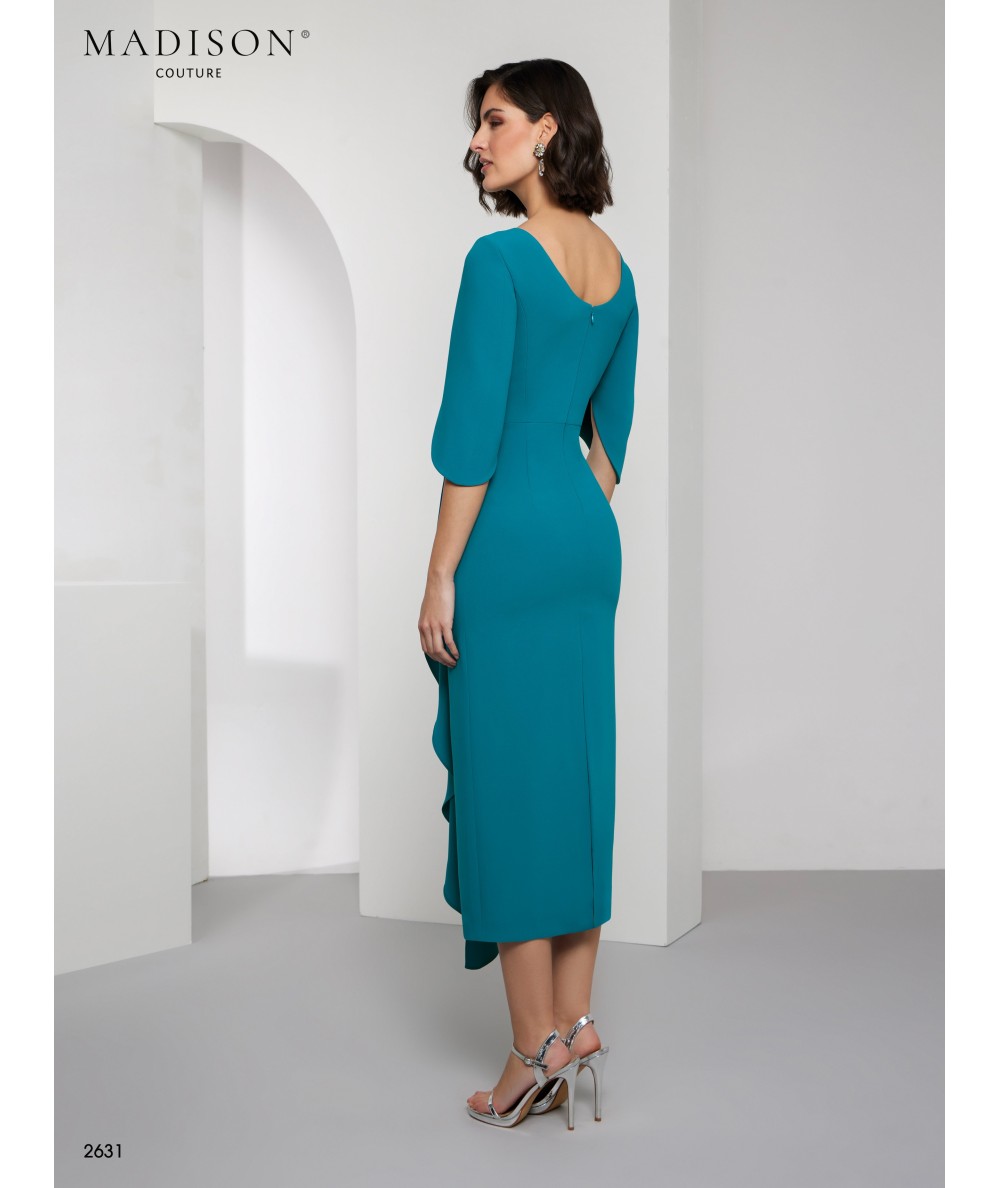 Vestido madrina azul petróleo con bordados y manga capa | Modelo 2631 Vestido madrina azul petróleo con bordados y manga capa | Modelo 2631