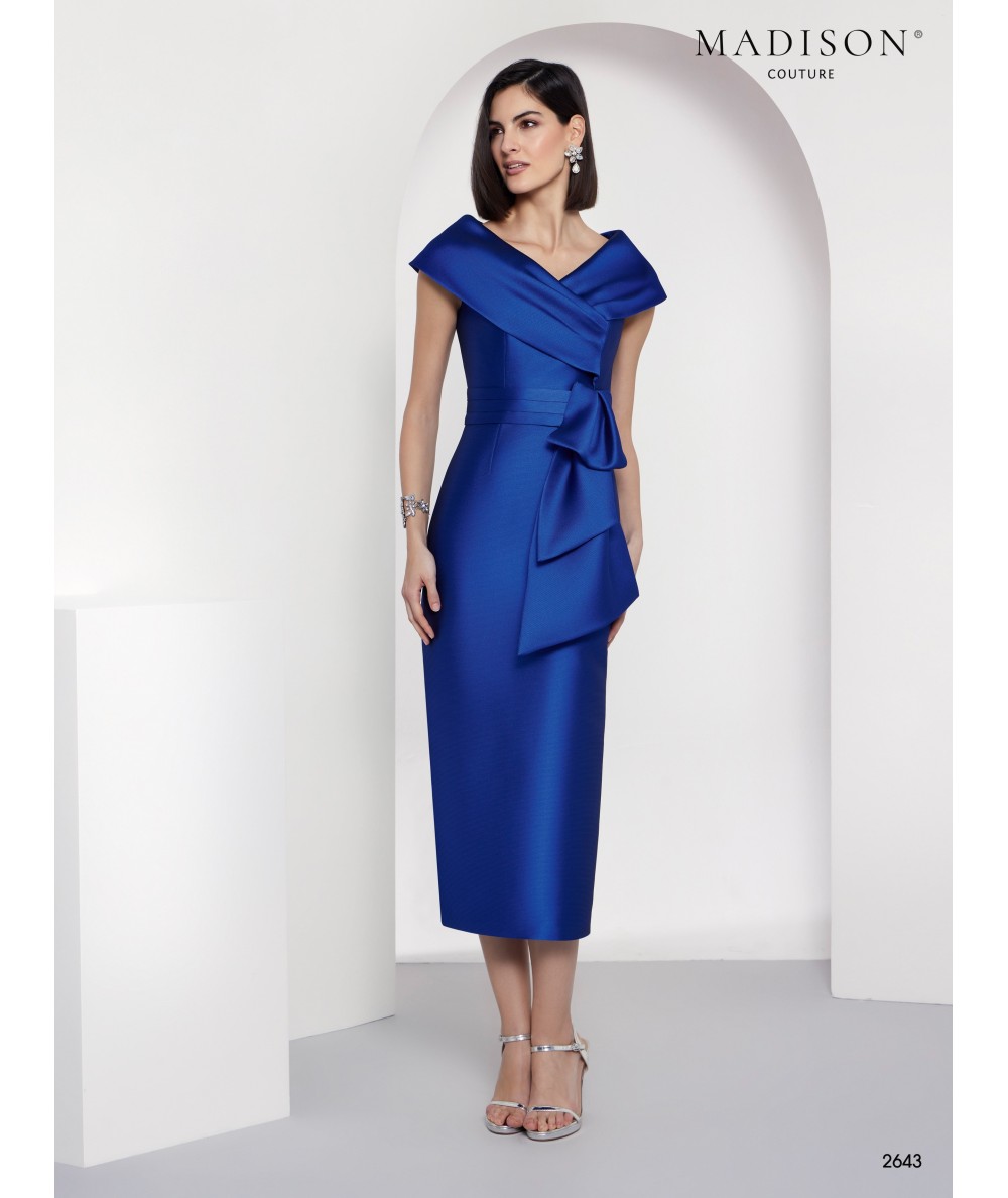 Vestido madrina azul zafiro mikado con lazo | Madison Couture 2026