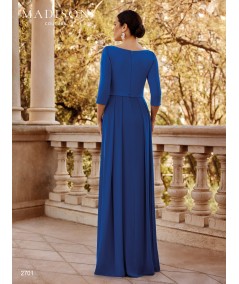 Back view of electric blue long dress 2701 with three-quarter sleeves and defined waist