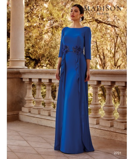 Electric blue long mother of the bride dress 2701 with three-quarter sleeves and organza flowers at the waist