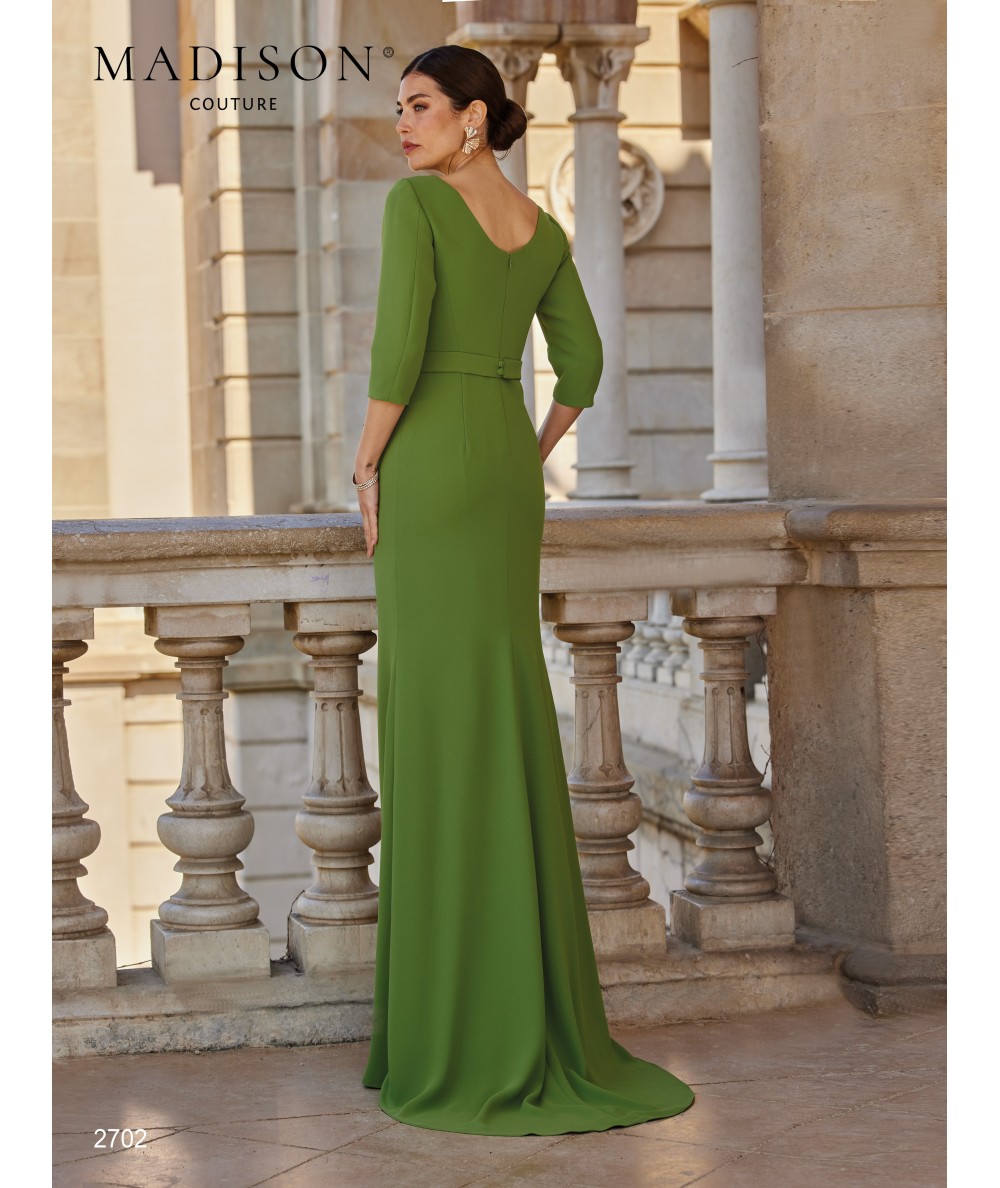 Long olive green mother of the bride dress 2702 with V neckline and organza flowers at the waist