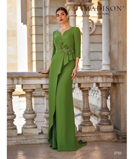 Long olive green mother of the bride dress 2702 with V neckline and organza flowers at the waist