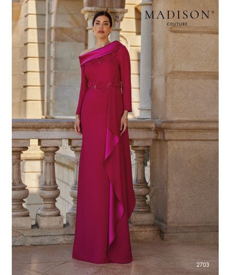Fuchsia long gown 2703 with lustrous asymmetric neckline and embroidery at the waist