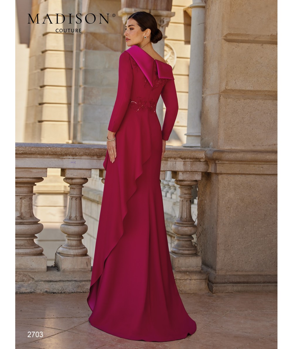 Fuchsia long gown 2703 with lustrous asymmetric neckline and embroidery at the waist