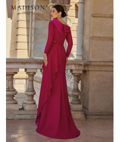 Back view of fuchsia gown 2703 showing the asymmetric neckline and side drape