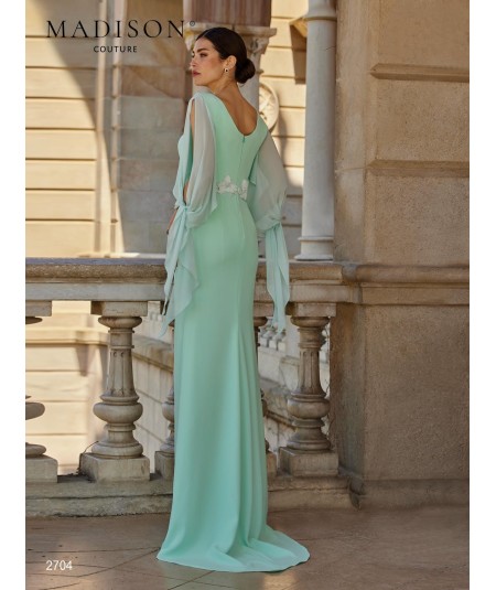 Back view of mint green dress 2704 with tied chiffon sleeves and low back neckline