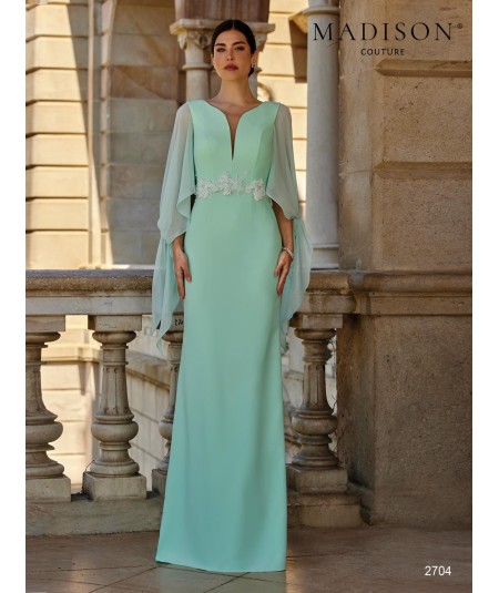 Mint green long mother of the bride dress 2704 with embroidered tulle and chiffon bow sleeves