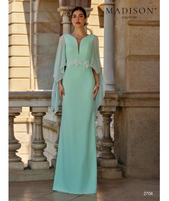 Mint green long mother of the bride dress 2704 with embroidered tulle and chiffon bow sleeves