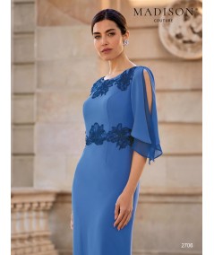 Detail of ultramarine blue dress 2706 showing embroidered tulle appliqué at neckline and waist