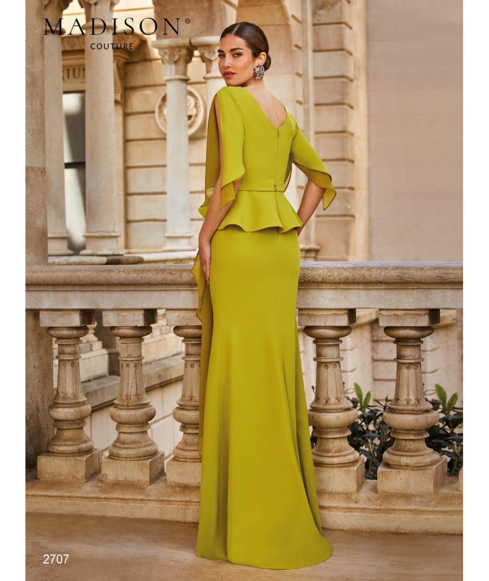 Light olive mother of the bride gown 2707 with peplum and open chiffon sleeves