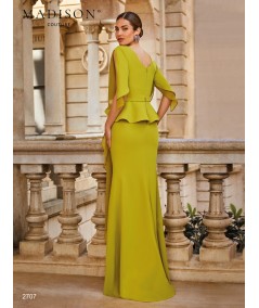Back view of light olive gown 2707 with peplum and V-shaped back neckline