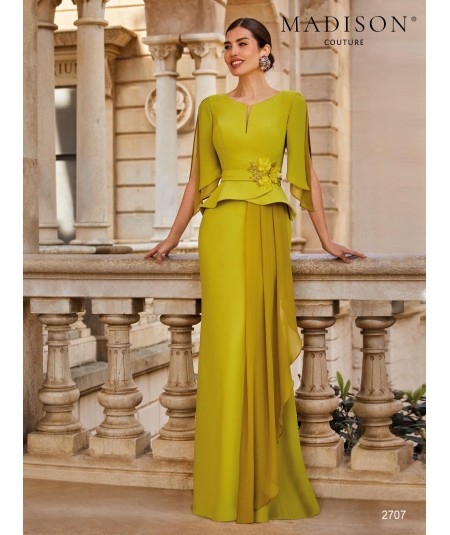 Light olive mother of the bride gown 2707 with peplum and open chiffon sleeves