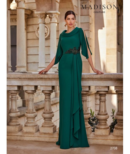 Bottle green mother of the bride dress 2708 with draped neckline and crystal waist appliqué