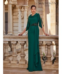 Bottle green mother of the bride dress 2708 with draped neckline and crystal waist appliqué
