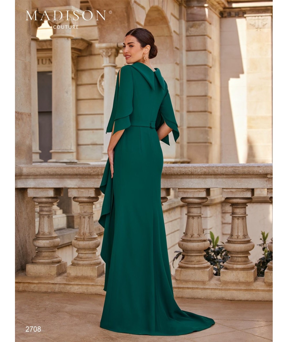 Bottle green mother of the bride dress 2708 with draped neckline and crystal waist appliqué