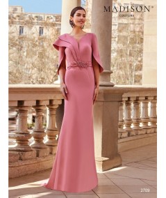 Dusty pink mother of the bride gown 2709 with cape sleeves and crystal waist detail