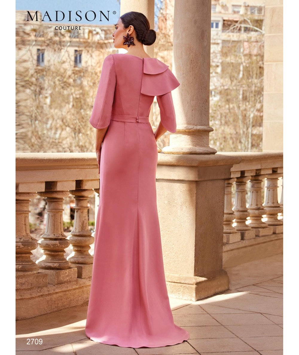 Dusty pink mother of the bride gown 2709 with cape sleeves and crystal waist detail