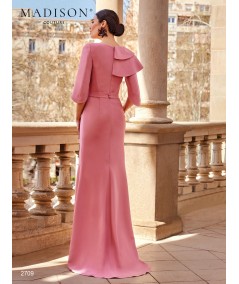 Back view of dusty pink gown 2709 with sculptural shoulder and open sleeves
