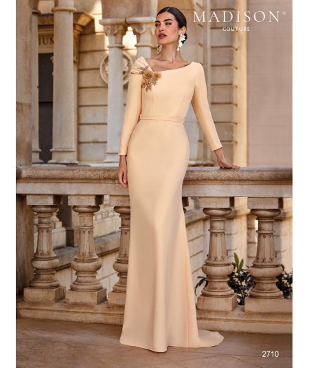 Long peach mother of the bride gown 2710 with asymmetric neckline and organza shoulder flowers