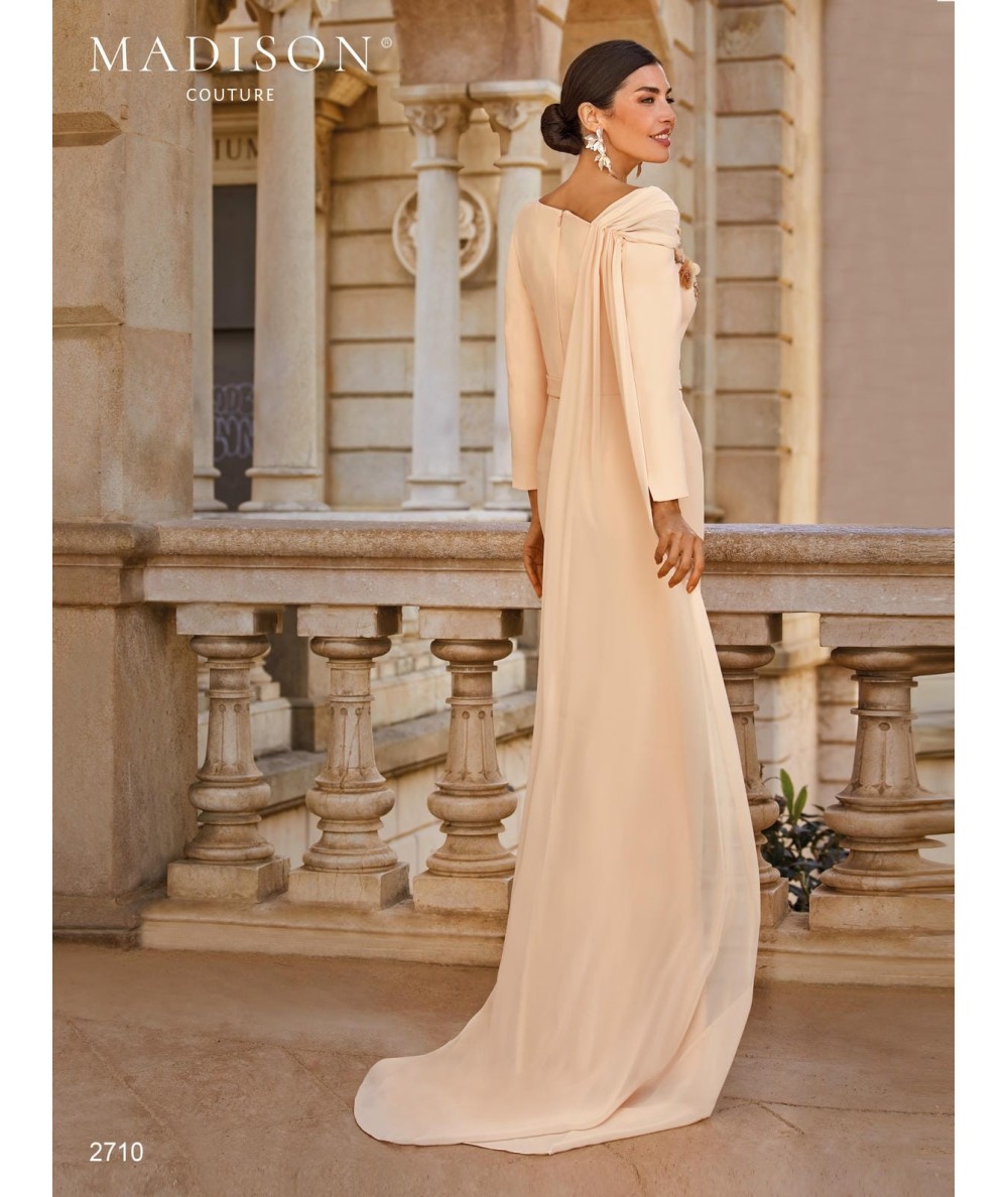 Long peach mother of the bride gown 2710 with asymmetric neckline and organza shoulder flowers