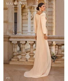 Back view of peach gown 2710 with soft drape falling from the shoulder