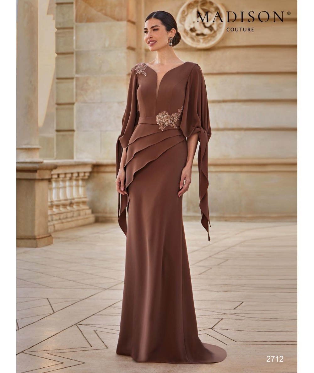 Chocolate brown mother of the bride dress 2712 with draped sleeves and diagonal skirt layers