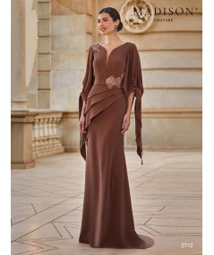 Chocolate brown mother of the bride dress 2712 with draped sleeves and diagonal skirt layers