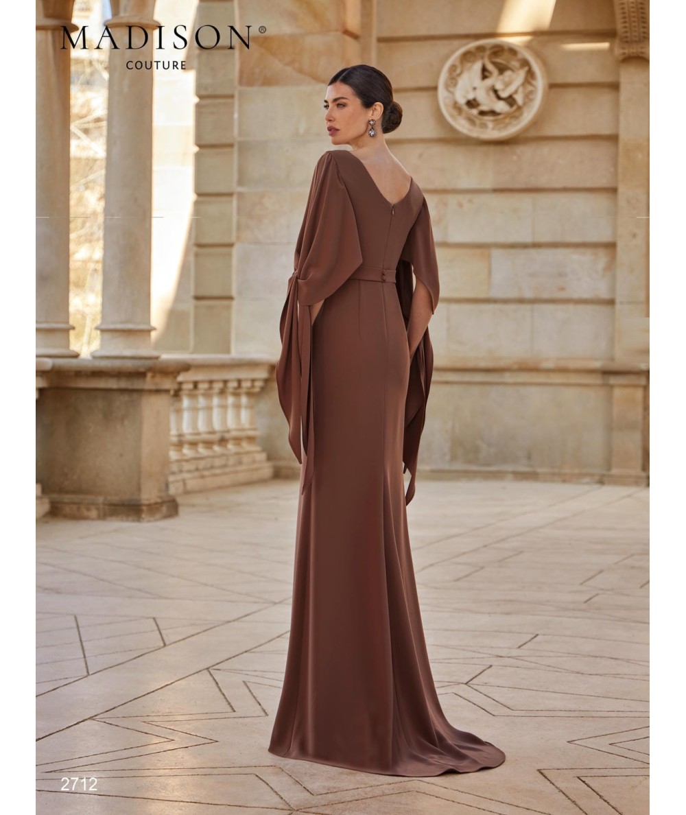 Chocolate brown mother of the bride dress 2712 with draped sleeves and diagonal skirt layers