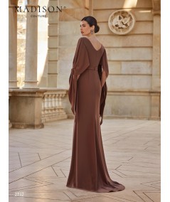 Back view of chocolate gown 2712 with V neckline and flowing draped sleeves