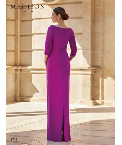 Back view of purple gown 2713 with three-quarter sleeves and clean long skirt