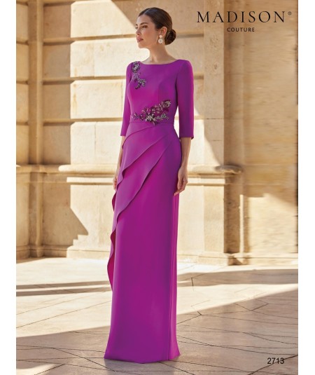 Purple mother of the bride gown 2713 with shoulder and waist lace and diagonal panel